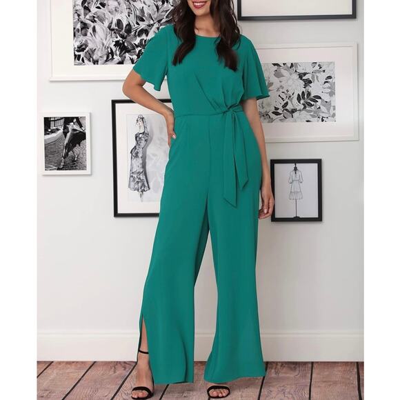 London Times Pants - London Times Crepe Faux-Wrap Jumpsuit size 8, Teal | NEW $128